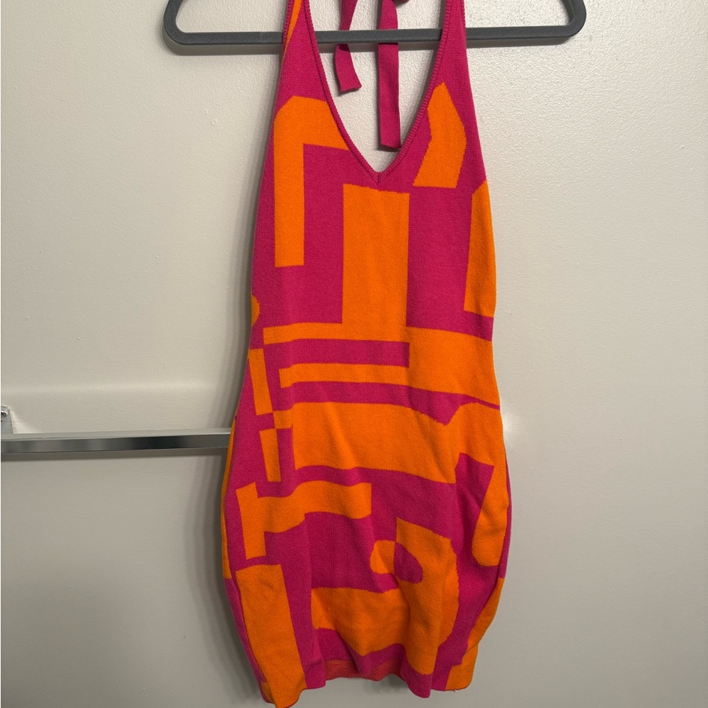 Pink and Orange Geometric Halter Dress